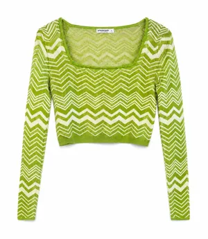 Stradivarius Top Green Chevron Cropped Long Sleeve Square Neck XS Fitted‎ thumbnail 1