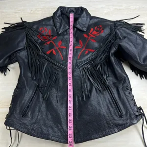 Womens Black Leather Fringe Motorcycle Jacket Red Rose Embroidery Western Size M thumbnail 9