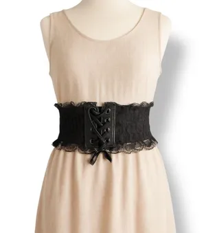 Deadstock Vintage Y2K Black Lace Corset Belt Leather Trim Statement Wide Cincher thumbnail 1