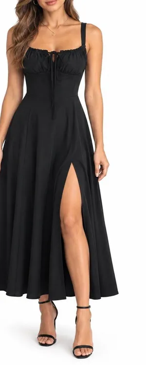 Parthea Black Corset Midi Dress Size M Lace Up Back Side Slit NIP thumbnail 1