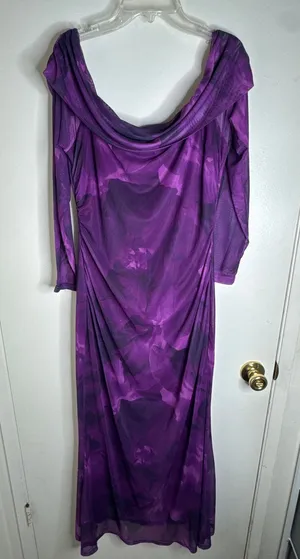 MEROKEETY Off-Shoulder Watercolor Floral Mesh Purple Maxi Dress Sheer Overlay XL thumbnail 1