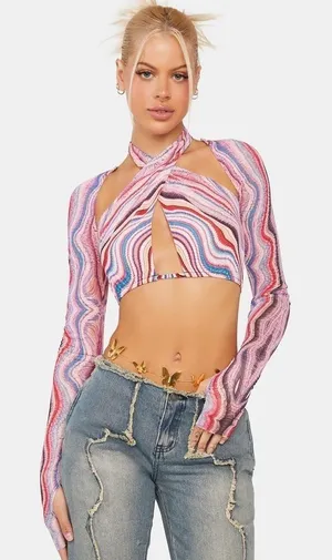 NWT AFRM Multi Wave Cordelia Wrap Top Cross Neck Long Sleeve Size Medium thumbnail 1