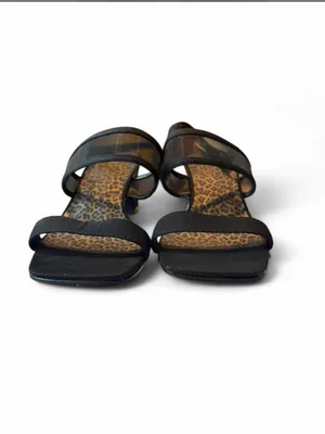 Prima Black Mesh Block Heel Sandals Leopard Print Footbed Size 7M Y2K thumbnail 3