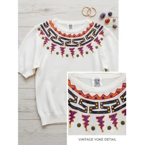 Vintage 90s Embroidered Yoke Short Sleeve Sweater‎ Cream Ramie Cotton Medium thumbnail 2