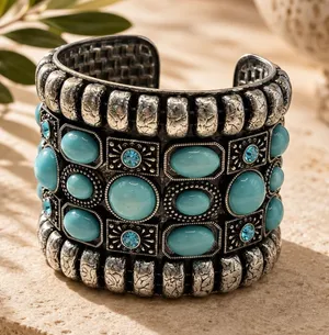 Boho Silver Tone Tuquioise Blue Cabochon Rhinestone Cuff‎ Bracelet Chunky thumbnail 1