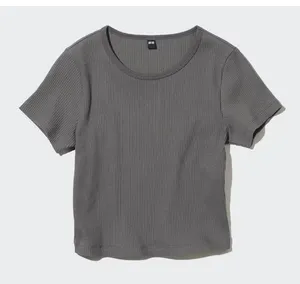 Uniqlo Ribbed Crew Neck Short Sleeve Cropped T-shirt in Gray *Discoloration* thumbnail 1