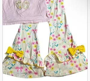 Marie Nicole Clothing Pink and Yellow Embroidered Floral Bunny Ruffle Top and Be thumbnail 4
