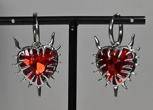 Silver and Red Heart Earrings goth tattoo flame flaming witchy drop cute gift thumbnail 1