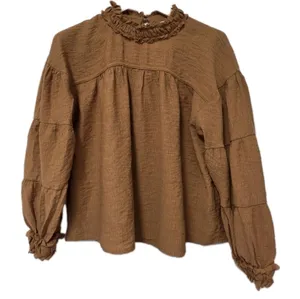 Womens Peasant Ruffle Boho Loose Blouse Size Large Mustard Yellow Flowy Rave thumbnail 6