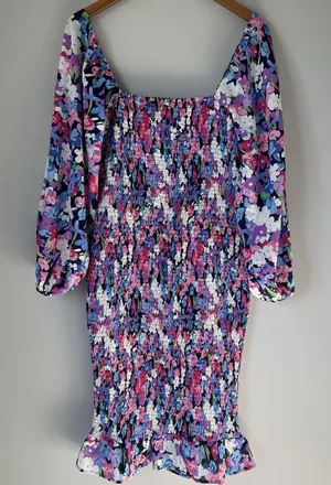 Pink Lily Boutique Floral Print Midi Dress Ruched Bubble Sleeves Size Medium thumbnail 1