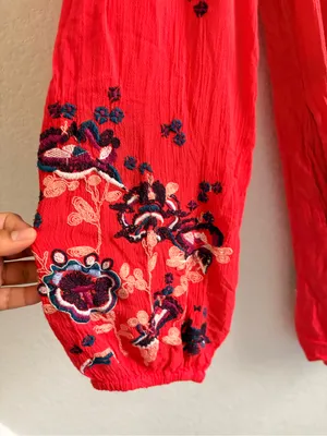 Free People Floral Embroidered Babydoll Dress Women Orange Red Size Large thumbnail 2