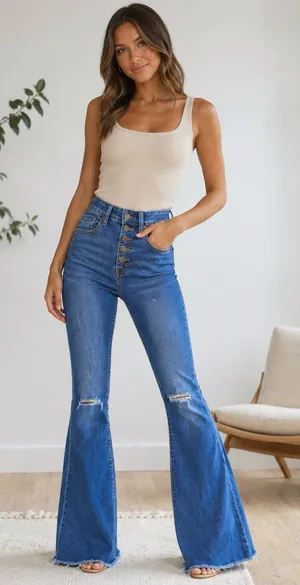 High Rise Button Fly Flare Jeans Distressed Bell Bottom Y2K thumbnail 1
