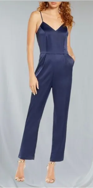 Lulus Navy Satin Jumpsuit Spaghetti Strap Wide Leg Elegant Evening Size medium thumbnail 1