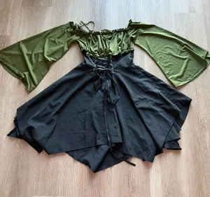 Romwe Olive Green Black Lace Up Bell Sleeve Renaissance Cottagecore Dress Size S thumbnail 1