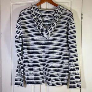 Tahari Womens Small 100% Linen Striped Hoodie Navy White Tassel V-Neck Top thumbnail 10