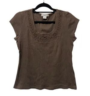 Liz Claiborne Chocolate Brown Y2K Style Ribbed Cotton Top Size L thumbnail 1