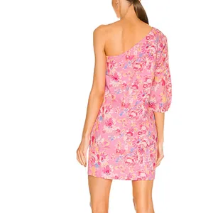 Something Navy Pink Floral Mini Dress MEDIUM One Shoulder Linen Shift Party $165 thumbnail 3