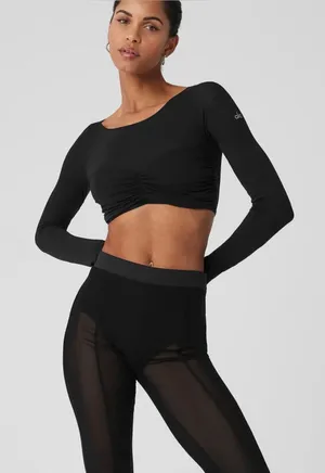 Alo Yoga Mesh Sheer Illusion Long Sleeve in Black thumbnail 1