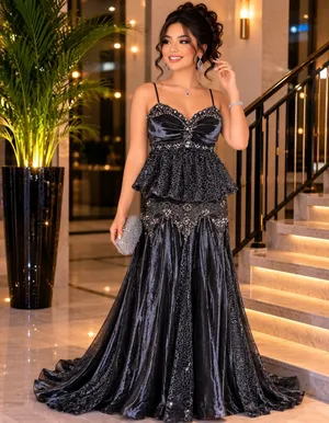 Elegant Black Beaded Peplum Evening Gown thumbnail 1
