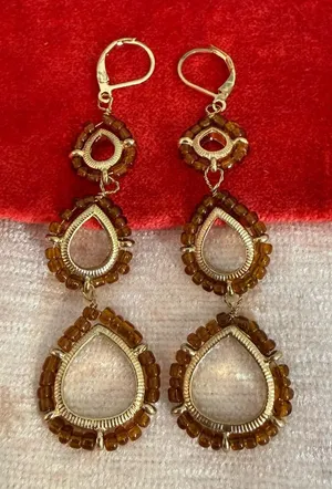 Gold Tone Amber Color Seed Beads 3 Tiered Dangle Earrings Artsy Boho Festival thumbnail 1