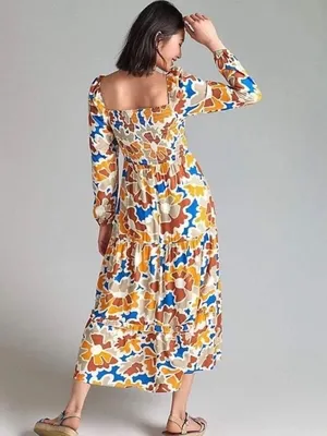 Anthropologie x Dolan Left Coast Womens M Smocked Midi Dress Multicolor Abstract thumbnail 2