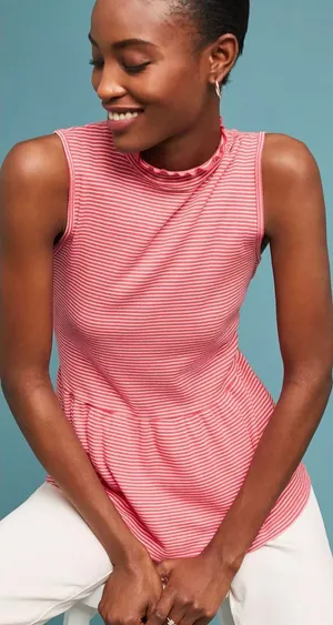 t.la Anthropologie Red White‎ Striped Mock Neck Peplum Top Sleeveless Large thumbnail 1