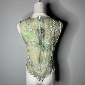 Vintage Green Silk Heavy Beaded Sleeveless Top Boho Fairycore Chic Forest Nymph thumbnail 3