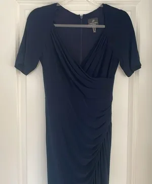 Adrianna Papell Navy Blue V Neck Short Sleeve Stretch Gown Size 4 Formal thumbnail 6