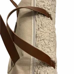 UGG Soft Fluffy Gray Sherpa Bag/Brown Handles NWOT thumbnail 3