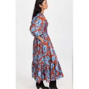 Cara Cara Jazzy Floral Smocked Maxi Dress Puff Sleeve Orange Blue Size Medium thumbnail 16