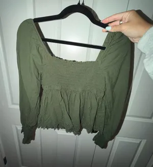 American Eagle Outfitters Olive Green Smocked Peplum Tunic thumbnail 1