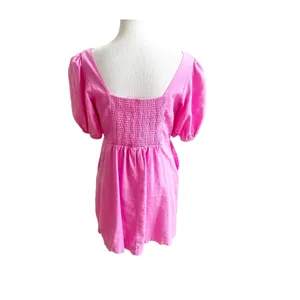 Old Navy Mini Dress Women M Pink Linen Blend Puff Sleeve Button Front Barbiecore thumbnail 2