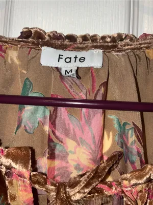 Fate Brown Velvet Floral boho sheer Tie-Neck Peasant Blouse thumbnail 3