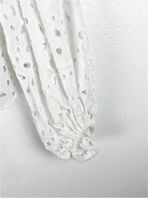 ZARA 100% Cotton White Eyelet Button Long Puff Sleeves Crop Top XL Boho Neutral thumbnail 6
