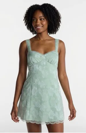 No Boundaries Light Sage Green Lace-Trim Mini Dress Size Large thumbnail 1