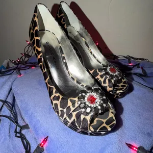 Michael Leopard Print Peep-Toe Heels with Crystal Brooch thumbnail 2