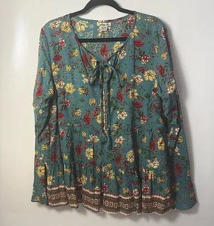 Lola P Tunic Top Womens L Floral Babydoll Peasant Boho Blouse Tassel Tie Tiered thumbnail 1