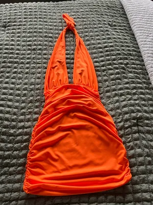 SheIn Orange ruched mini dress with halter neck and tie back. Size: S #party #clubwear #summerdress thumbnail 2