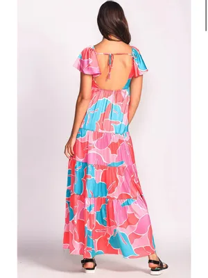 Pink Martini Coral, Pink & Teal Floral Tiered Maxi Dress medium‎ nwt thumbnail 2