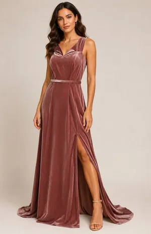 Cocomelody Dusty Rose Velvet Maxi Gown V-Neck‎ High Slit Formal Dress Mauve thumbnail 1