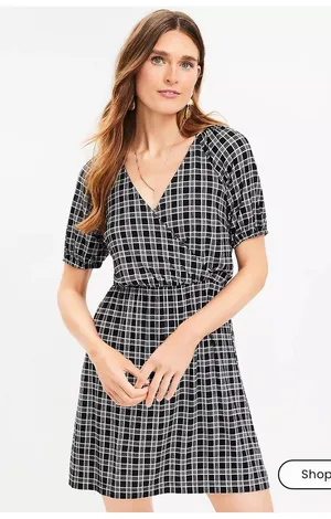 LOFT Black and White Plaid Surplice Dress thumbnail 1