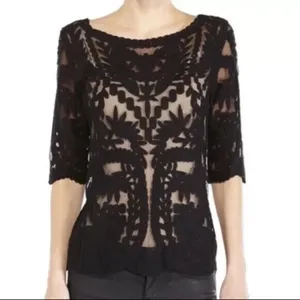 Laundry by Shelli Segal Blouse‎ Large Black Lace Brocade Over Mesh Scalloped Hem thumbnail 3