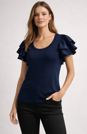 Trina Turk Ruffle Sleeve Top Womens Small Navy Blue Scoop‎ Neck 2206101MH1 thumbnail 1