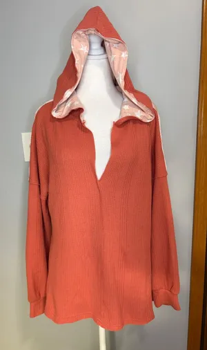 POL Womens‎ Waffle Knit Star Print Contrast Hoodie Terracotta Orange boho thumbnail 1