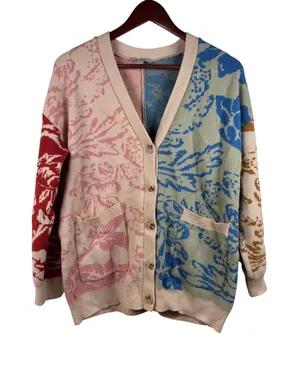 Polagram Cardigan Women Large Multicolor Floral Colorblock Jacquard Knit Sweater thumbnail 1