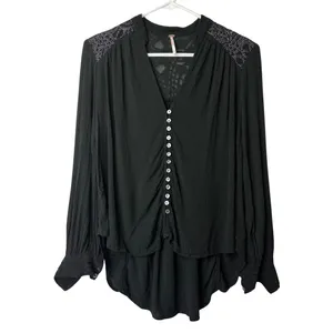 FREE PEOPLE Black Canyon Rose Metallic-Lace Blouse Hi-Lo‎ Oversized Top Size XS thumbnail 3