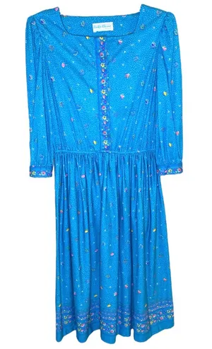 Vintage Cora’s Closet Floral Turquoise Long Sleeve Square Neck Dress Sm Petite thumbnail 1