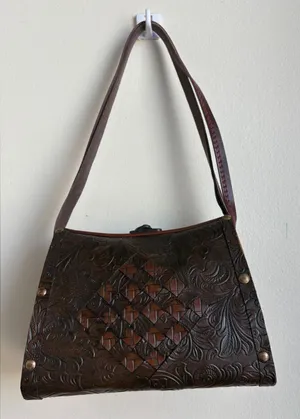 Vintage Brown‎ Leather Wood Handbag EUC thumbnail 1