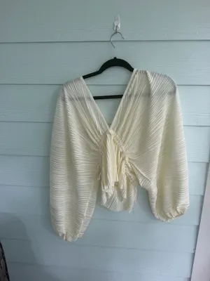 Lulus Radiant Flirt Ivory Satin Plisse Long Sleeve Top thumbnail 3