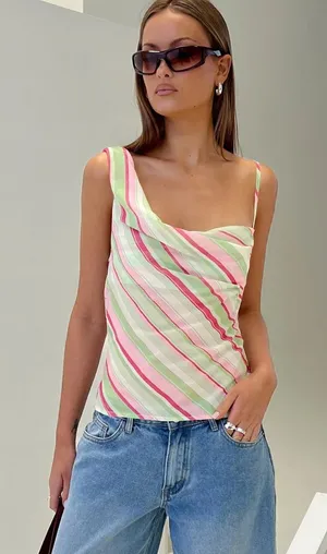 Princess Polly Striped Cowl Neck Tank Top in Pink and Cream thumbnail 1